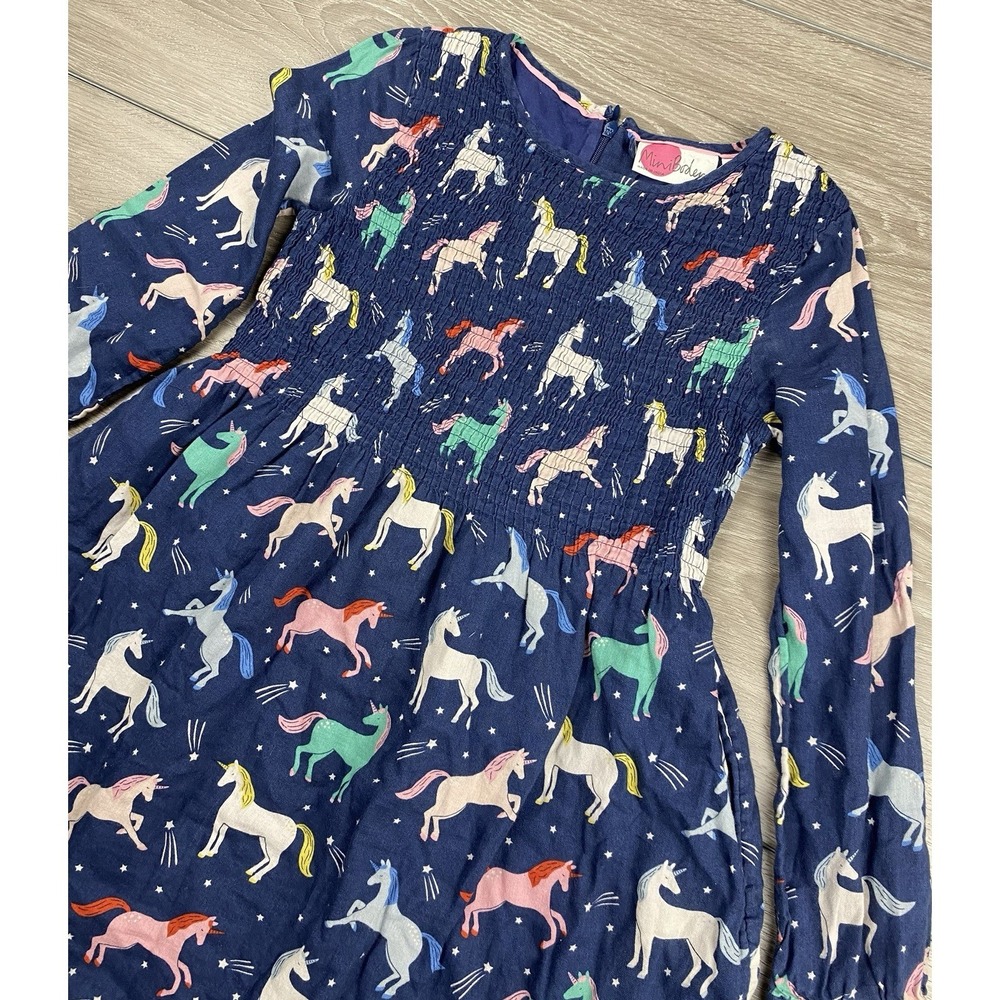 Mini Boden Girl All Over Unicorn Print Dress Blue Size 8-9Y